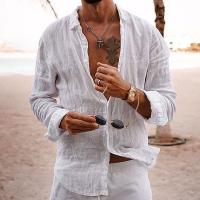 Camisa De Verano Para Hombre Casual Ligera De Color Sólido Suéter De Algodón Y Lino Abierta Individual Manga Larga Estilo Playa Vacaciones - details 1