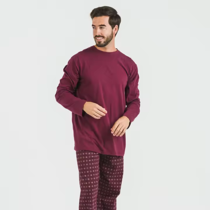 Pijama de Hombre 100% Algodón, Camiseta Manga Larga y Pantalón Largo TRAMAS+ - 1