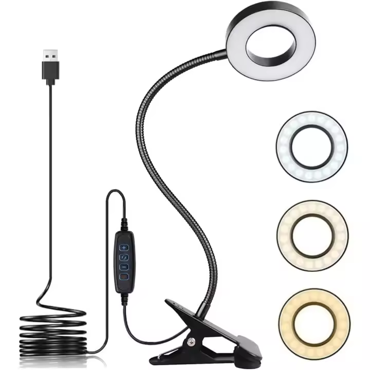 Lámpara de escritorio LED USB con clip, 3 modos de luz, 10 niveles de brillo regulables, protección ocular, libro ajustable - 1
