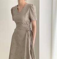 Vestido Largo De Algodón Y Lino Para Mujer Estilo Retro Vintage Con Manga Corta Diseño Sólido A-Line Cuello V Moda De Oficina - details 2