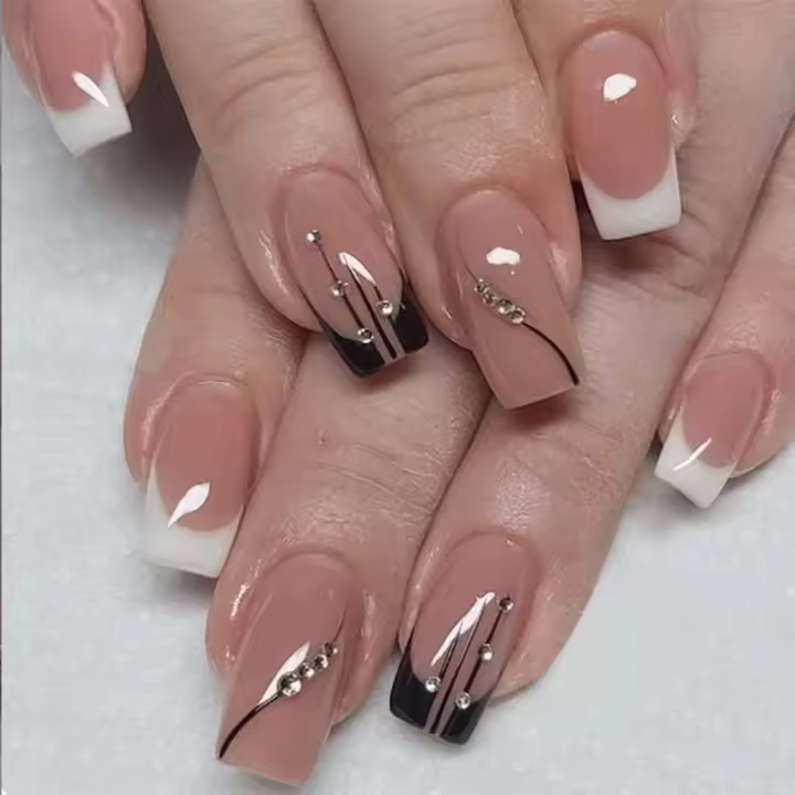Uñas postizas cuadradas con diamantes de imitación para mujer, uñas postizas negras, decoración de uñas postizas francesas para uso diario, 24 unidades - 1