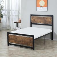 Marco de cama individual de madera y acero 97x 208x103cm, listones integrados, cabecero y piecero de estilo industrial, negro y marrón rústico - details 2
