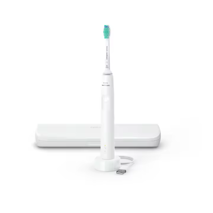 PHILPS HX3673/13 Cepillo dental eléctrico sónico con estuche de viaje, Sonicare 3100 series, color Blanco y conexión a USB - 1