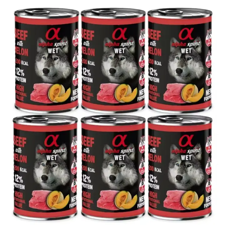Pack 6 latas x 400 Gr - Alpha Spirit Comida Húmeda de Ternera con Melón para Perros - 1