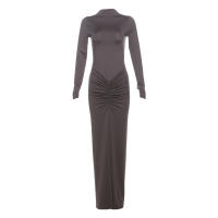 Vestido Simple Ruched Para Mujer Temperamento Moda Manga Larga Cuello En O Ajustado Estirado Clásico Hipster Vestidos - details 1