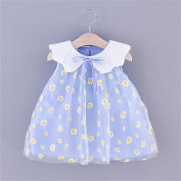 Vestido De Verano Para Niñas Con Pétalos De Margarita Y Cuello Gasa Sólido Sin Mangas Dulce Y Lindo Vestido De Malla - details 3