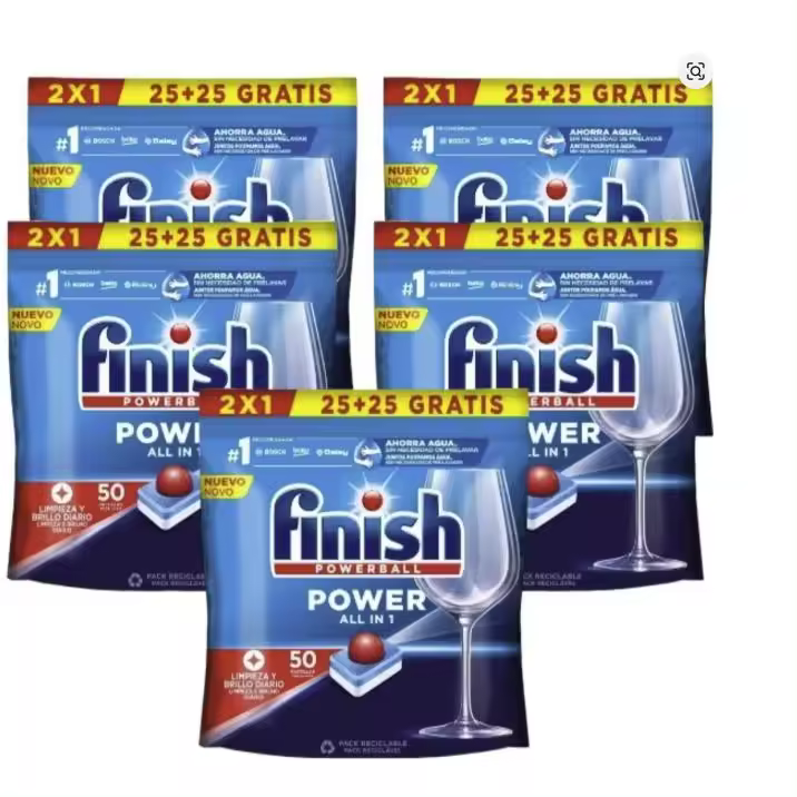 Finish Power All in 1 - Pack de 5 Paquetes De 25+25 (250) Pastillas para lavavajillas sin fosfatos, con potente Powerball para eliminar las manchas de grasa más difíciles. - 1