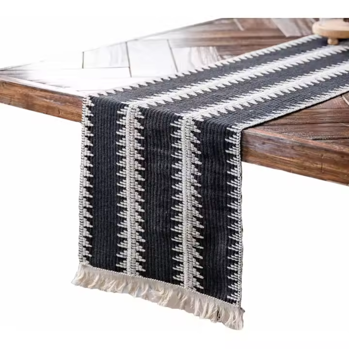 Camino de mesa de macramé, camino de mesa de algodón empalmado, cubierta de mesa tejida con borlas para decoración de mesa de comedor de granja, fiesta de boda (negro, 30 x 180 cm) - 1