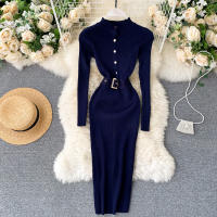 Vestido REALEFT De Punto Para Mujer Con Cuello Alto Y Mangas Largas Estampado Sólido Estilo Casual Vestido De Abrazo Largo Hasta La Rodilla Para Otoño E Invierno - details 4