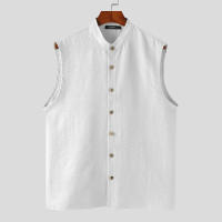 Camisa INCERUN Para Hombre De Color Sólido Cuello Erguido Sin Mangas Botones Estilo Casual Verano Moda Streetwear Tallas S-5XL - details 6