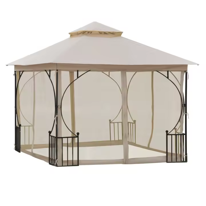 Outsunny Cenador de Jardín 3x3 m con 4 Cortinas Laterales de Cremallera y Doble Techo con 8 Orificios de Drenaje Estilo Moderno para Patio Aire Libre Beige - 1