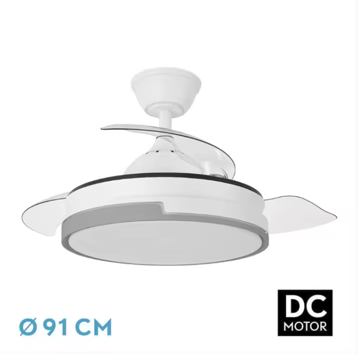 FABRILAMP Ventilador Motor Dc Papiro MINI 59W Blanco/gris 3aspas desplegables,6velocidades ajustables 91D 6980Lum 3000-4000-6000k,Remot+mem+tempo . Incluye mando a distancia y dos tijas de 10 y 25 centímetro Productos originales calidad de confianza - 1