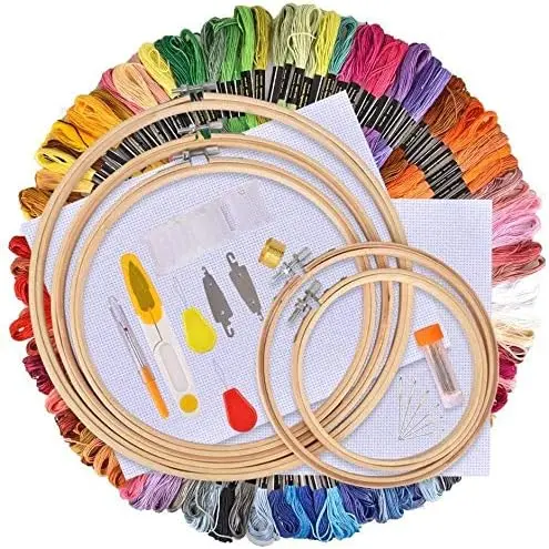 Kit de Inicio de Bordado, Herramienta de Punto de Cruz,5 Piezas Aros de Bambú, 50 Hilos de Color, - 1