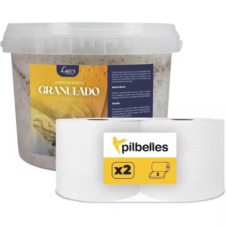 PILBELLES Jabón de Manos Granulado 5 litros + Bobina Industrial Secamanos 2 rollos de 3 kilos cada rollo | Talleres Mecánicos, Industrias - 1