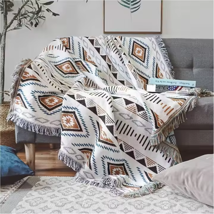 Manta de sofá con borla, mantas de sofá, manta de punto, manta de estilo étnico azteca, para el hogar, oficina - 1