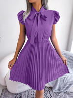 Vestido Elegante De Mujer Con Cintura Alta Y Volantes Para Primavera Y Verano Estilo Casual Collar Con Lazo Cuello Alto Y Mangas Batwing - details 20