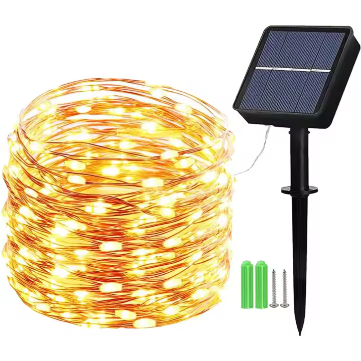 SOMY Guirnalda de luz solar para exteriores, 10 m, 100 LED, guirnalda solar en alambre de cobre con 8 modos, para decoración exterior, jardín, árboles, etc. (blanco cálido) Guirnalda de luz exterior - 1