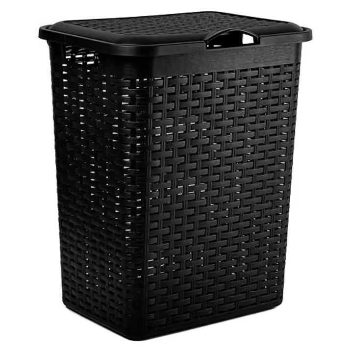 Tradineur - Cesto rattan para ropa sucia con tapa y asas, pongotodo de plástico, cubo para colada, imitación de mimbre, fabricado en España (Negro - 38 litros - 49 x 38,5 x 29,5 cm) - 1