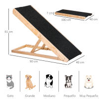 PawHut Rampa para Perros y Gatos Plegable de Madera 90x40x61 cm con Altura Ajustable de 4 Niveles y Alfombra Antideslizante Escaleras de Mascotas para Coche Cama y Sofá Natural - details 0