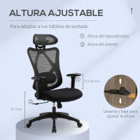 Vinsetto Silla de Oficina Giratoria con Reposabrazos 2D Silla Escritorio Regulable en Altura Reposacabezas Soporte Lumbar y Respaldo Alto Malla Transpirable 67x64x117-127 cm Negro - details 3