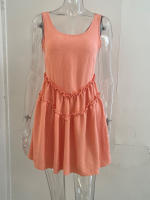 Vestido De Playa Para Mujer Con Encaje Y Sin Mangas Estilo Europeo Y Americano Dulce Y Claro De Color Sólido Para Verano Vestido De Cintura Alta Con Cuello En V Y Manga Corta - details 1