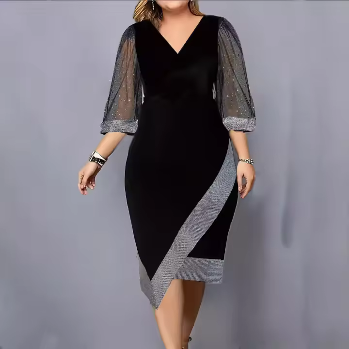 Vestido De Moda Para Mujer Con Nueva Temperamento En Malla Corta De Manga Y Cuello V Ajustado Y Casual De Medio Tamaño - 1