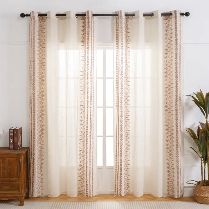 Cortinas De Linen Texturizado Vintage Con Estampado Floral Y Rayado Para Sala De Estar 63 Pulgadas Largas Cortinas Bohemias De Cabaña - 1