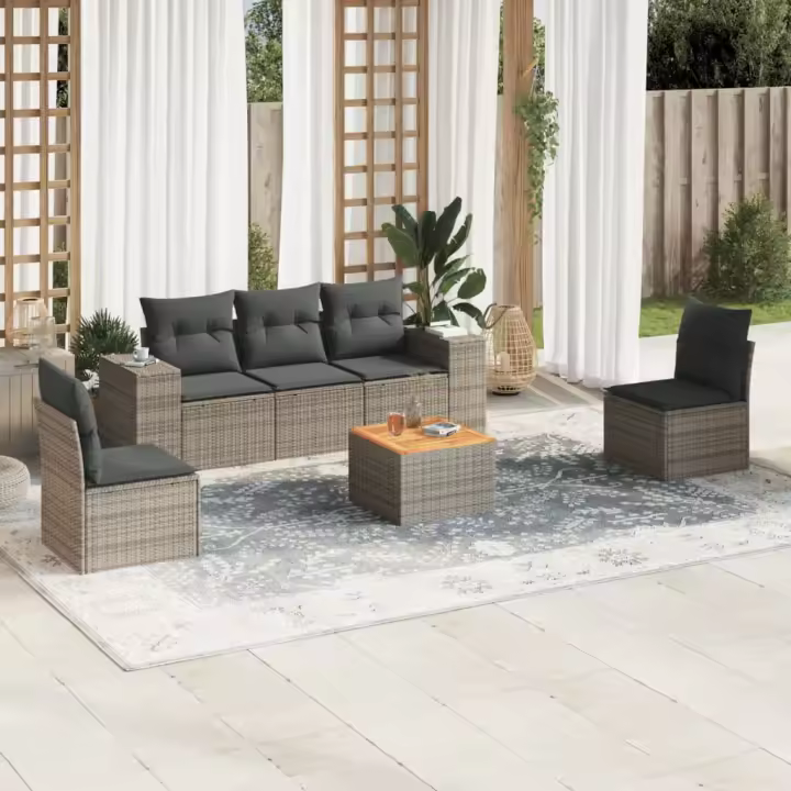 vidaXL Set de muebles de jardín 6 pzas y cojines ratán sintético gris - 1