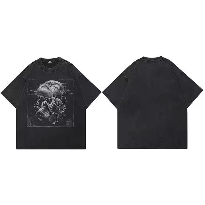 Camiseta De Algodón Retro Hip Hop Streetwear Para Hombres Con Diseño De Cráneo Y Rostro Roto T-shirt Harajuku Unisex Para Primavera Y Verano - 1