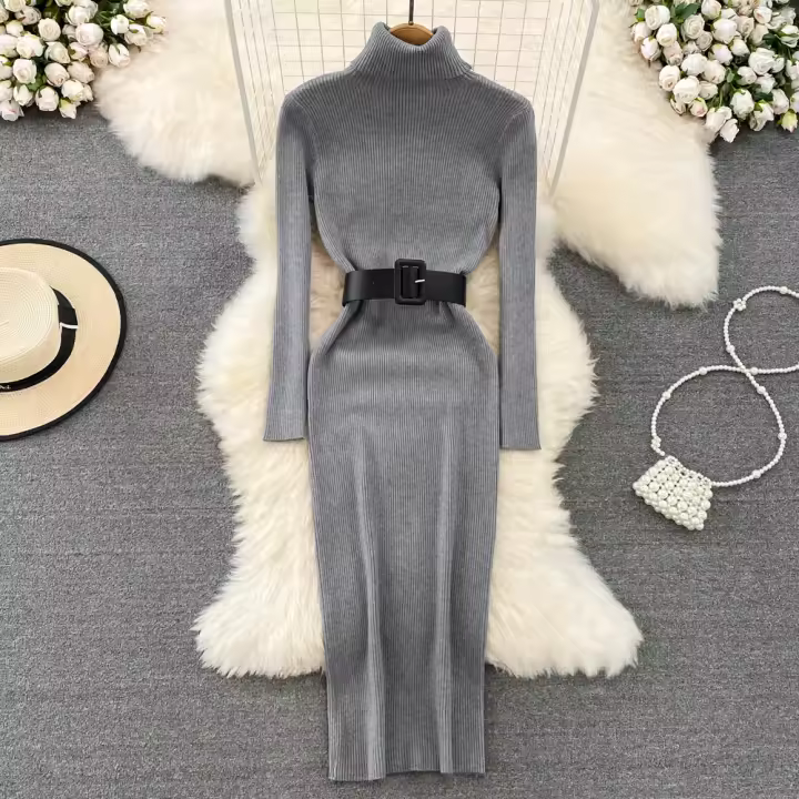 Vestido Bodycon Elegante Con Cuello Alto Y Cinturón REALEFT Para Mujer Otoño Invierno 2025 Vestido De Manga Larga Regular Ajustado Hasta La Rodilla - 1