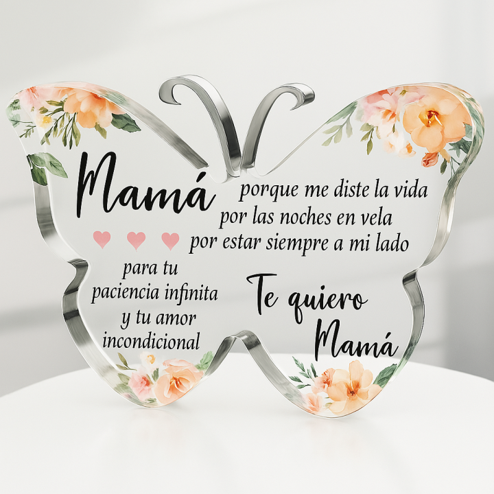 Figura Decorativa de Mariposa con Mensaje Emotivo para Mamá.  Material Acrílico Transparente,  11 x 9 cm con Caja de Regalo. Presentación en caja kraft con virutas, lista para emocionar. Lukkalia - Kids and Us. LKKMa2