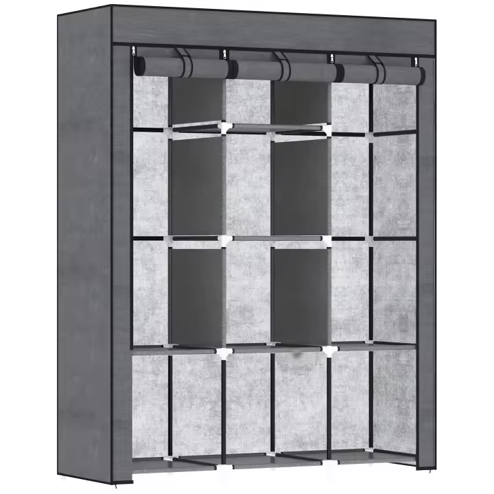 HOMCOM Armario de Tela Plegable, Armario Portátil con 2 Barras para Colgar, 8 Estantes, Marco de Acero, para Dormitorio, Vestidor, 125x43x162,5 cm - 1