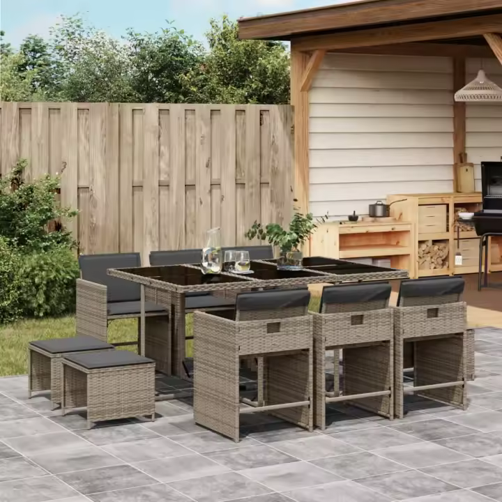vidaXL Set de comedor de jardín 11 pzas y cojines ratán sintético gris - 1