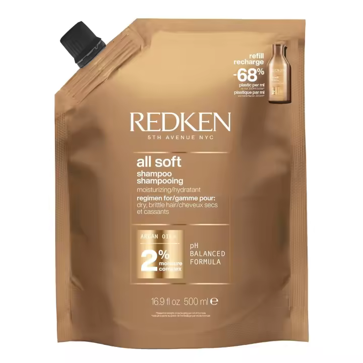 Redken All Soft Shampoo Refill 500 Ml. / Recarga Champú Hidratante con Aceite de Argán para Cabello Seco, Quebradizo o Apagado. - 1