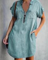Vestido De Verano Para Mujer Estilo Casual Cuello En V Manga Corta Cierre De Cremallera Digital Imitación Denim Mini Falda Antebrazo - details 3