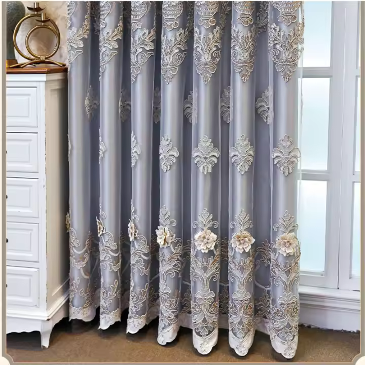 Cortinas De Tela Bordada Con Precisión Y Gasa Integradas Para Sala De Estar Comedor Dormitorio Alta Sombra (70%-90%) Doble Capa Sin Capa Negro - 1