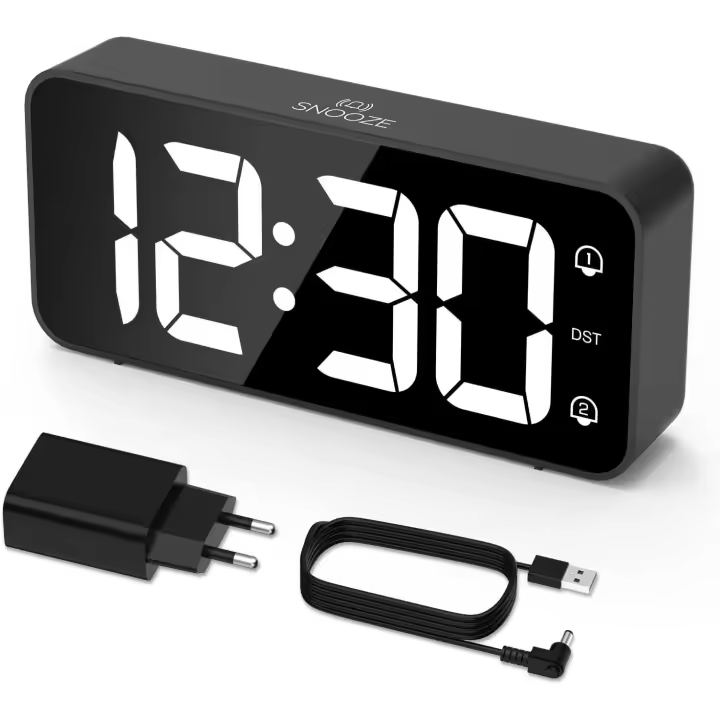 Reloj Despertador Digital LED with Doble Alarma Y 8 Tonos - Reloj Despertador with Volumen y Brillo Ajustables - Reloj Digital Sobremesa with Snooze - Alimentación por Cable USB (Black) - 1