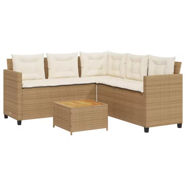 vidaXL Sofá de jardín en forma de L con mesa y cojines ratán PE beige - 1
