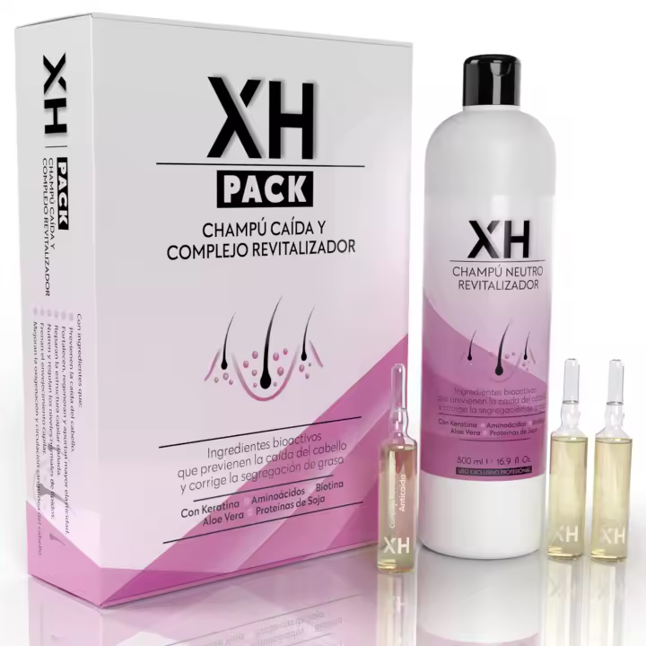 Pack Anticaida para el Cabello XH 20 Ampollas de 10ml + Champú para la Caída 500ml - Nutrido Biotina, Keratina y Aminoácidos - Previene la Caida - Tratamiento Intensivo para Mujer y Hombre - 1
