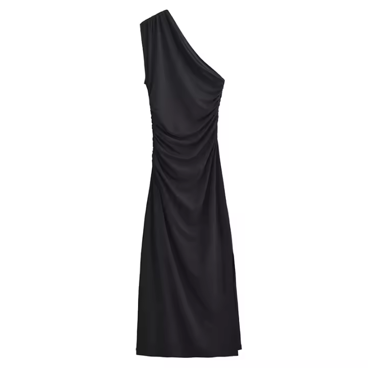 Vestido largo asimétrico sin mangas con dobladillo fruncido lateral para mujer de High Street, negro, sexy, maxi. - 1