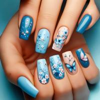 24pcs/set Uñas Postizas Largas Medias Falsas De Cuadrado Ballet Con Flores Y Mariposa Azul Verde Para La Temporada De Primavera Y Verano - details 35