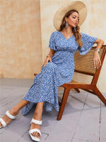 Vestido Bohemio Vintage De Verano Para Mujer Azul Con Cintura Elástica Estilo Casual Vestido De Playa Midi Con Mangas Butterflies - details 5