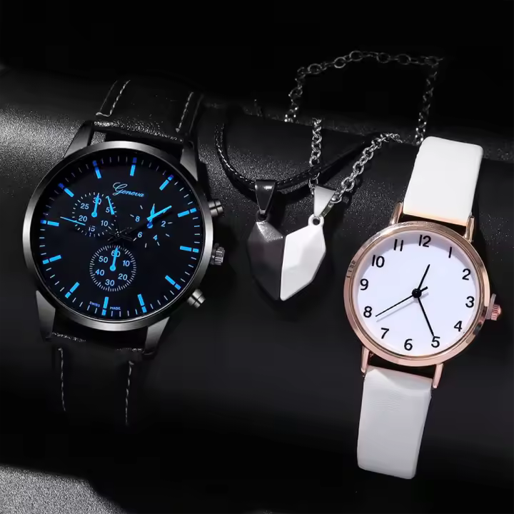 Set De 4 Relojes De Lujo Para Parejas Moda Casual Dial De Hombre Correa De Cuero Reloj De Cuarzo Para Mujer Y Hombre - 1