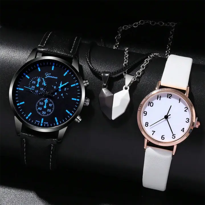 Set De 4 Relojes De Lujo Para Parejas Moda Casual Dial De Hombre Correa De Cuero Reloj De Cuarzo Para Mujer Y Hombre - 1