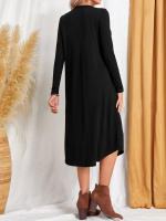 Vestido Largo Casual Para Mujer De Color Sólido Con Cuello En V Y Bolsillos Estilo Europeo Y Americano Para Otoño E Invierno Vestido Suelto Con Corte Curvo - details 4