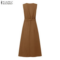 Vestido Largo Sin Mangas De Verano ZANZEA 2025 Elegante Vestido De Trabajo Para Mujer Con Botones Estilo Oficina A-Line V-Neck Polyester - details 11