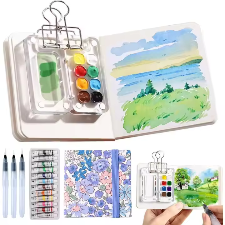 Juego de viaje de paleta de acuarela en miniatura portátil, mini paleta de pintura pequeña para pintar con acuarela, kit de arte de viaje con cuaderno de bocetos y caja de pintura acrílica de 8 cuadrículas - 1