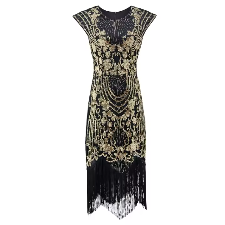 Vestido De Flapper Gatsby Para Mujer Vestido De Encaje Con Lentejuelas Cuello Redondo Manga Corta Vestido Vintage Para Fiesta De Coctel De Los Años 20 - 1