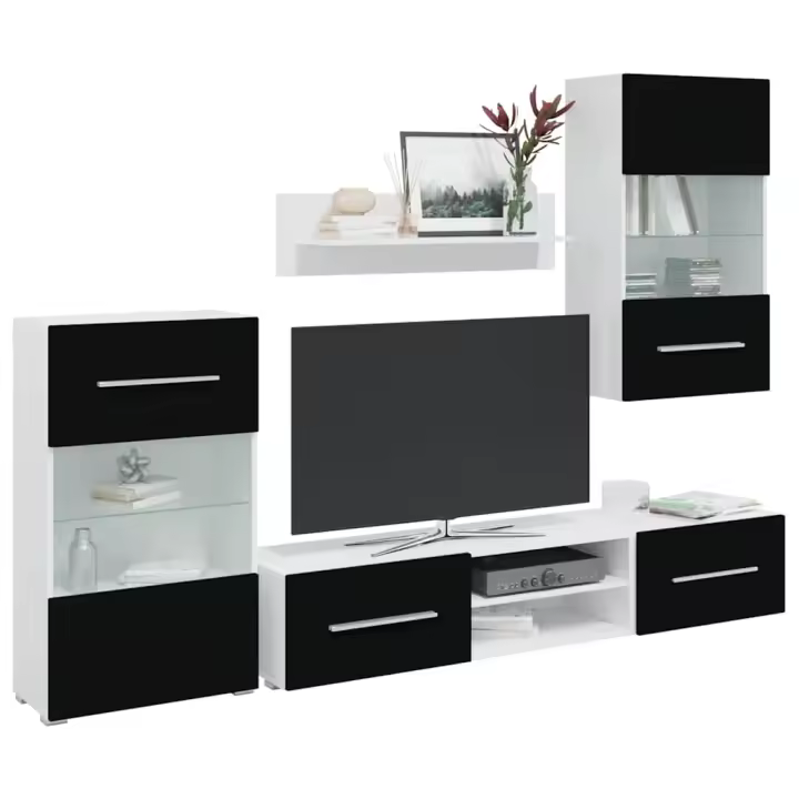 vidaXL Muebles para TV 5 piezas con iluminación LED negra mate - 1