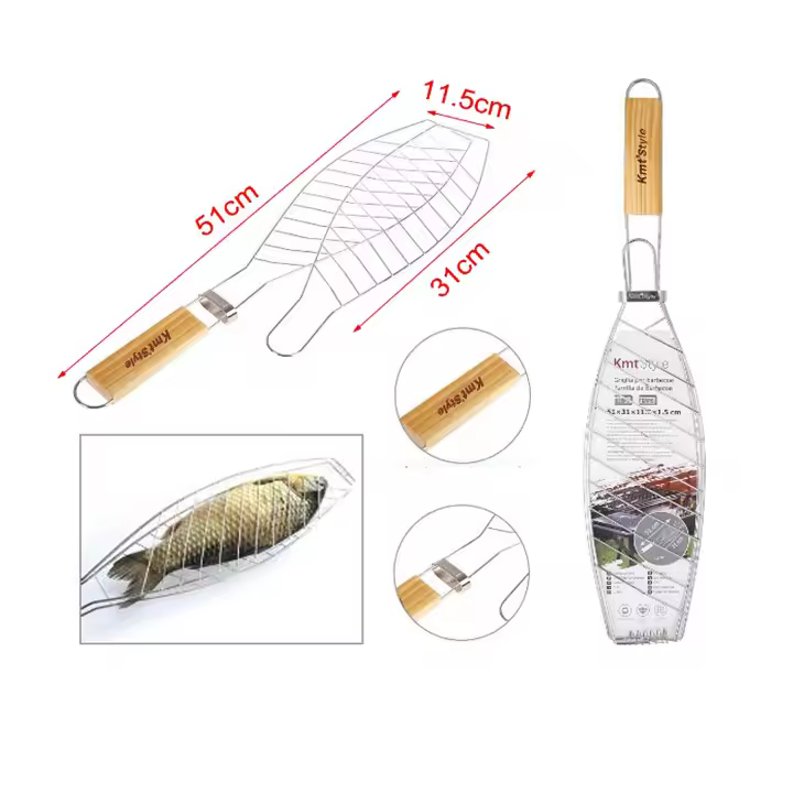 UD - Set 2 Rejilla para Barbacoa de Acero Inoxidable con Mango de Madera , forma de pescado – Parrilla Antiadherente para Pescado, Carne o Verduras – Kmt Style - 1